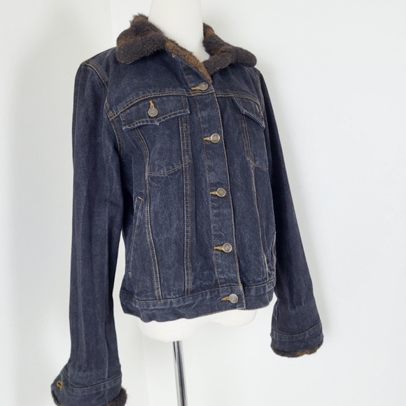 Y2K Denim Jacket Fur Lined Collar Button Up Down Long Sleeve Dark Wash - Picture 11 of 14